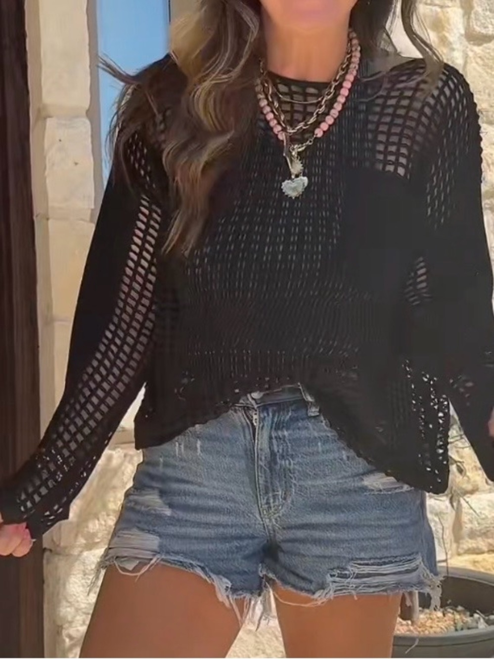 Black Open Weave Women’s Sweater with Pocket